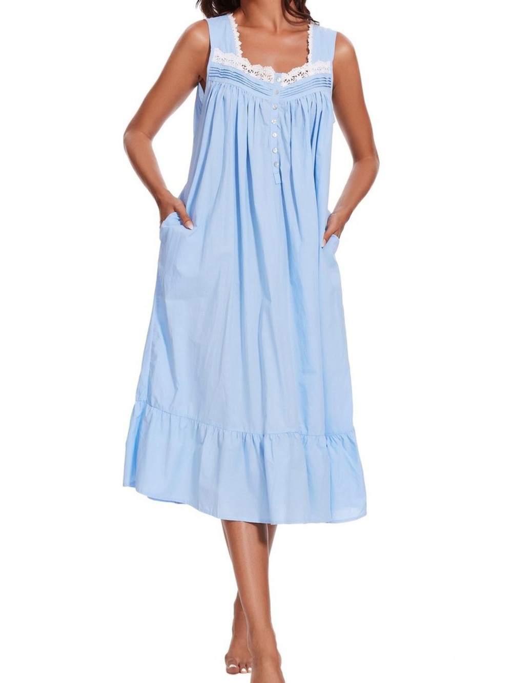 Light Blue Lace-Trim Cotton Nightgown with Pockets